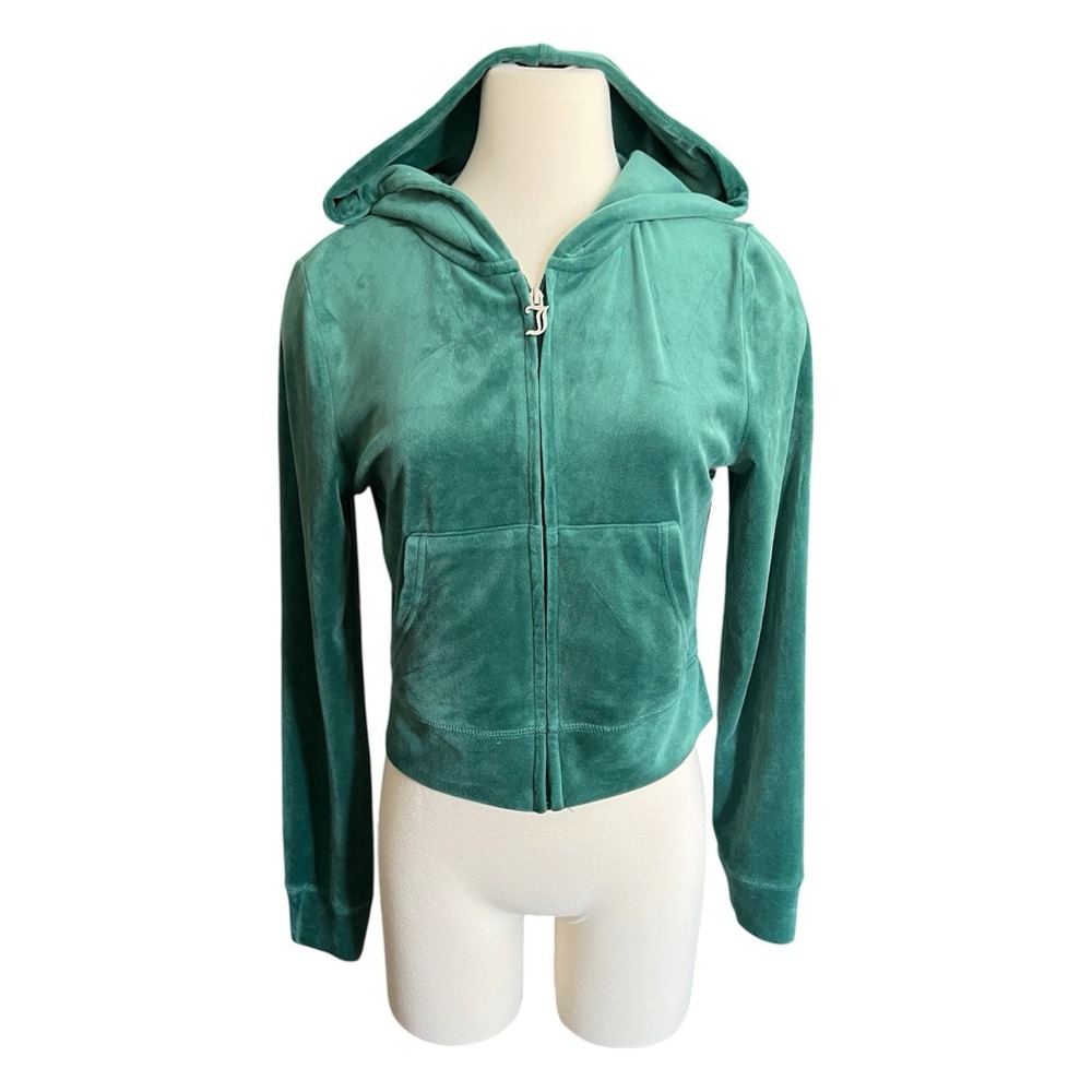 Juicy Couture Green Velour Hoodie Rhinestone Bling Logo Zip Jacket Size M Y2K